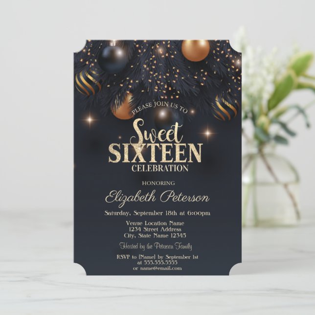 Convite Enfeites Elegantes e Chiques Sweet 16 (Em pé/Frente)
