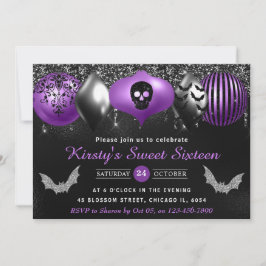 Convite Enfeites Pretos e Roxos de Halloween Sweet Sixteen