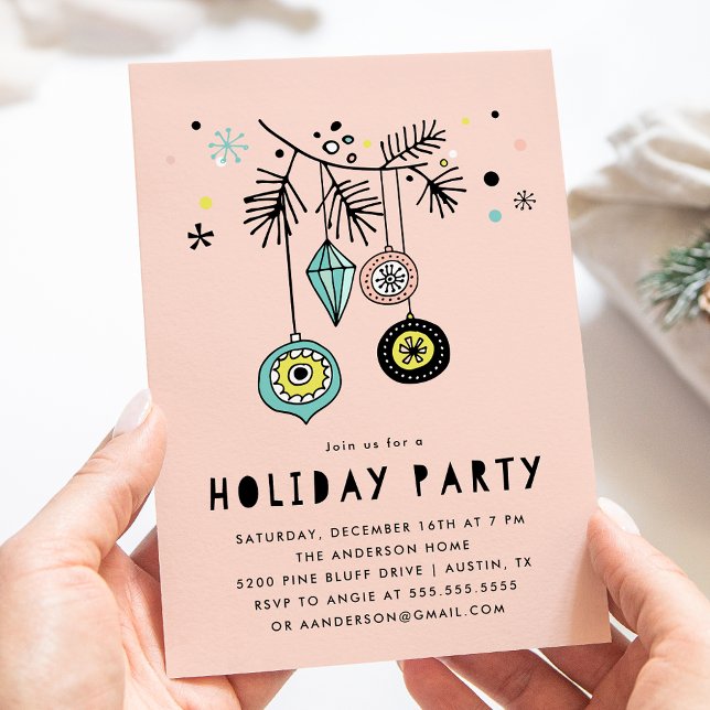 Convite Enfeites Retro de Meados do Século Rosa Festa de F (Criador carregado)