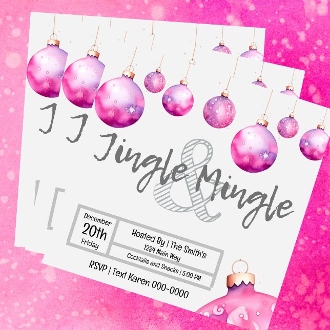 Convite Enfeites Rosa-Bonitos, Jingle e Mingle de Natal (Fun pink bauble Jingle and Mingle Christmas Party invitation you can fully customize
)