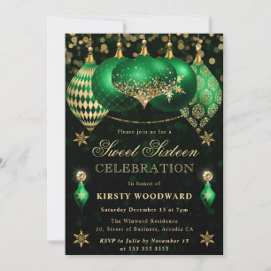 Convite Enfeites Verde e Dourado Brilhantes Sweet Sixteen