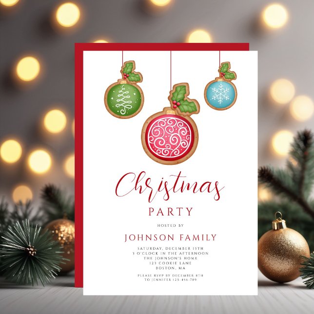 Convite Enfeites Vermelhos de Natal Festa Festiva (Festive Red Baubles Christmas Party Invitation)