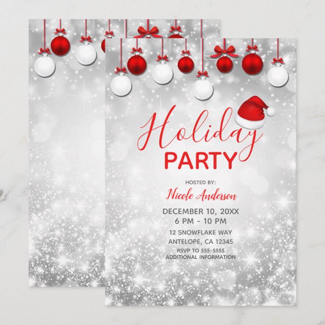 Convite Enfeites Vermelhos e Brancos com Brilho para Festa (Frente/Verso)