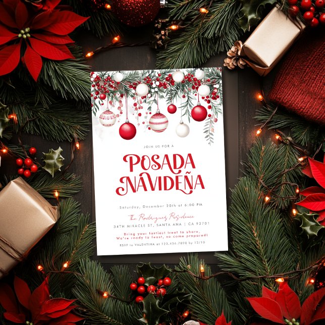 Convite Enfeites Vermelhos Festivos da Posada Navideña Mex (Criador carregado)