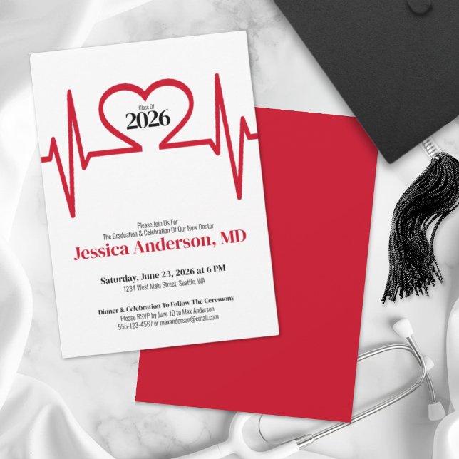 Convite Enfermagem Simples Doutora em Medicina Graduação (Simple Heart Beat Doctor Medical School Graduation Invitation)