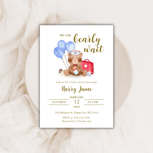 Convite Enfermeira Bonita Doutor Teddy Bear Balão Chá de f (Cute Nurse Doctor Teddy Bear Balloon Baby Shower Invitation)