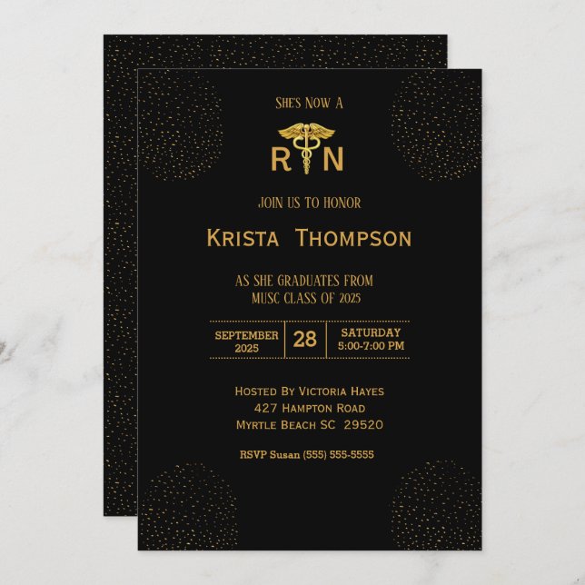 Convite Enfermeira Registrada Elegante Inv Dourada Negra (Frente/Verso)