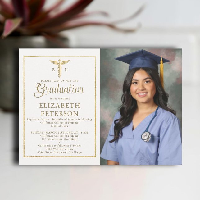 Convite Enfermeiro Escola Forme Caduceum Dourado Frame Ivo (nursing school graduation gold caduceum frame contemporary modern photo nurse ivory elegant classy)