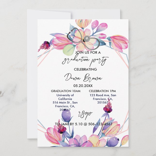 Convite Enfermeiro Festa de formatura Algodão Floral com A (Frente)