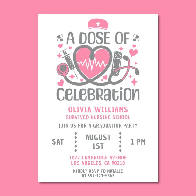 Convite Enfermeiro Festa de formatura RN Rosa Moderno e Ci (Modern pink and gray graduation party invitation)