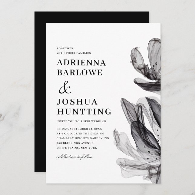Convite Enfumaçado Elegante Flores Texto Lateral Casamento (Frente/Verso)