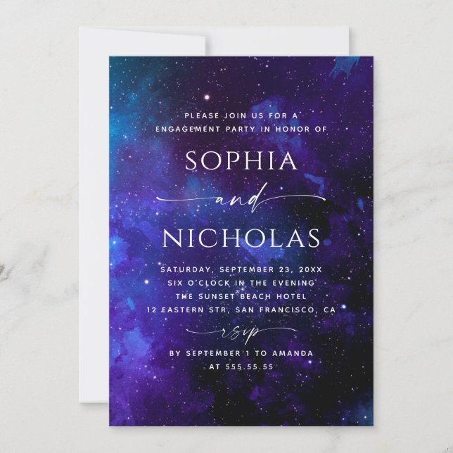 Convite Engagement Party | Elegant Celestial Starry Night (Frente)