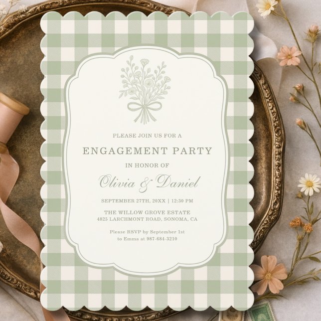 Convite Engagement Party  Gingham Floral Sage Green (Criador carregado)