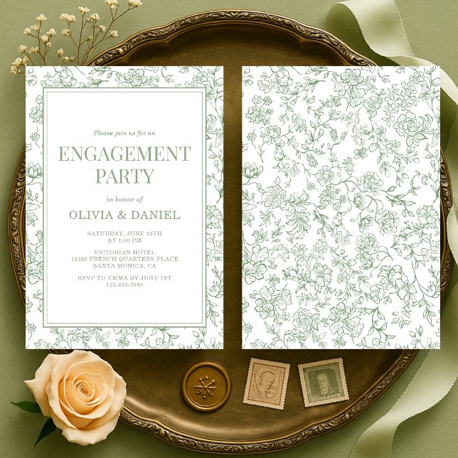Convite Engagement Party Sage Green Vintage French Floral  (Criador carregado)