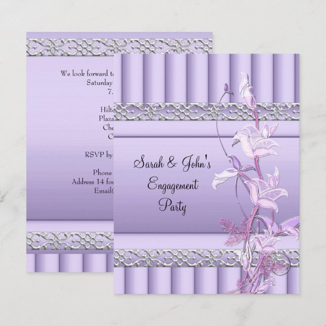 Convite Engajamento Elegante Suave Lindas Flores Lilás (Frente/Verso)