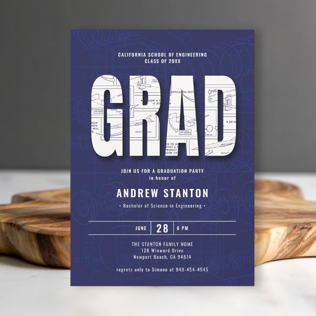 Convite Engenheiro de graduação de engenharia Blue White P (engineering engineer graduation ceremony party invitation navy blue white template minimalist modern)