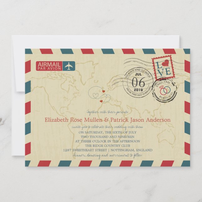 Convite England UK / Portugal Airmail | Casamento (Frente)