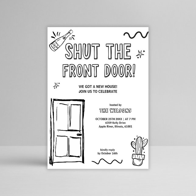 Convite Engraçada Mão Desenhada Nova Festa Doméstica (Funny Hand-Drawn Housewarming Invitation – Shut the Front Door New Home Party Printable)