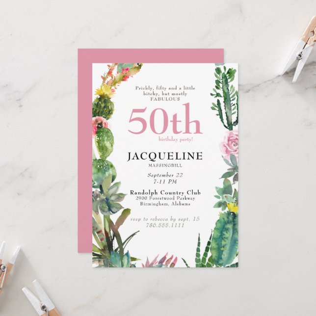 Convite Engraçado 50º Cactus picamente, picante e fabuloso (Frente/Verso In Situ)
