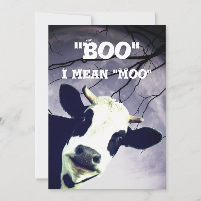 Convite Engraçado Boo, quero dizer Moo Cow Moon Halloween  (Frente)