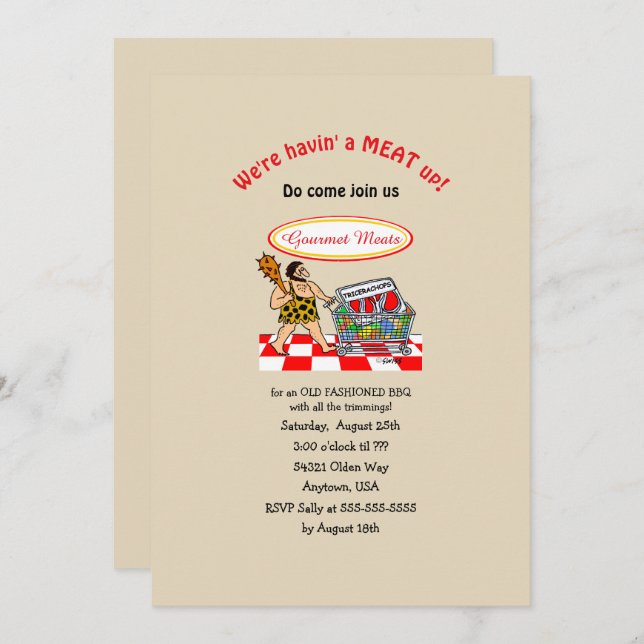 Convite Engraçado Caveman Antigo CHURRASCO de carne moída (Frente/Verso)