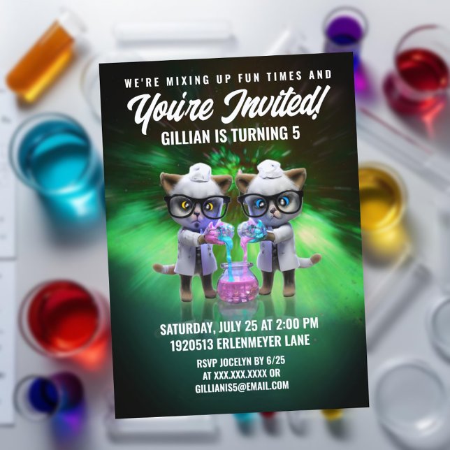Convite Engraçado Cientistas Gajos Purfect Birthday (Mad Cat Scientists Birthday Party Invitation Cover Photo)