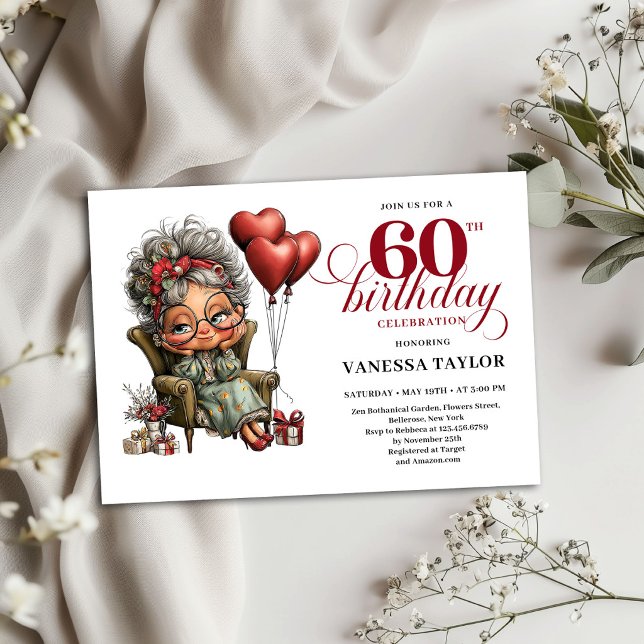 Convite Engraçado de 60 Anos de Idade Tema de Mulh (Funny 60th Birthday Invitation Old Woman Theme)