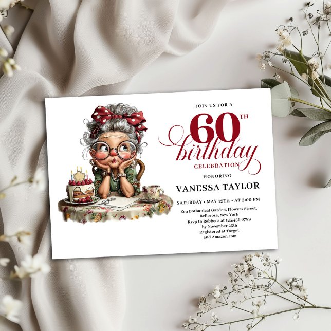Convite Engraçado de 60 Anos de Idade Tema de Senh (Funny 60th Birthday Invitation Old Lady Theme Card)