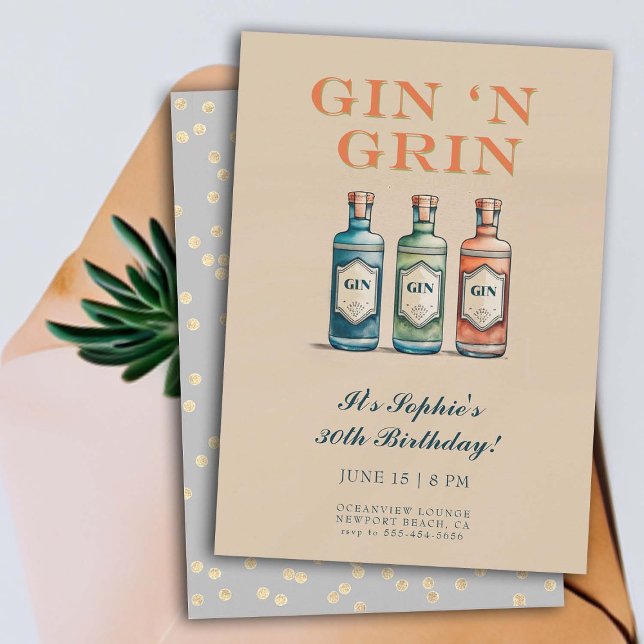 Convite Engraçado Gin n Grin Humorous Elegant (funny 30th birthday invitation women cocktails party gin n grin hilarious theme watercolor art )