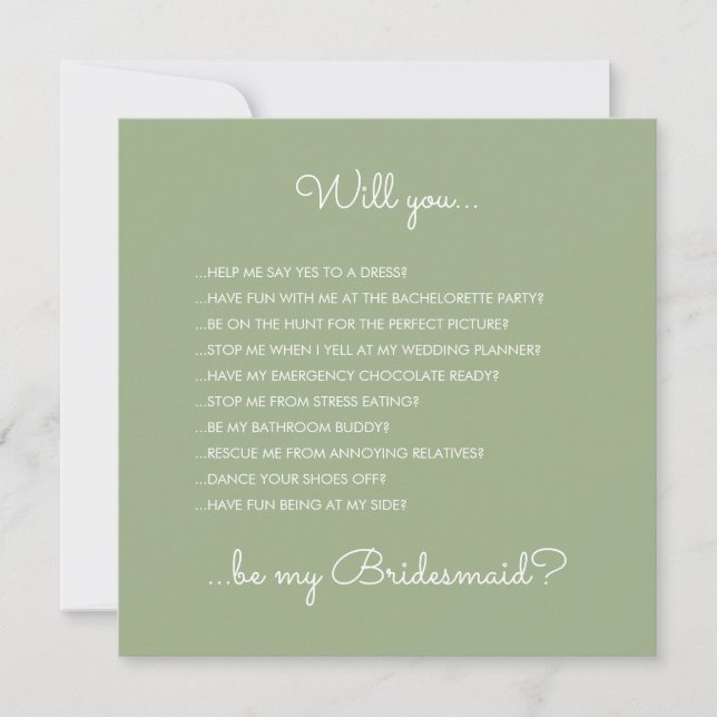 Convite Engraçado Moderno Sage Green Script Bridesmaid Pro (Frente)