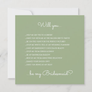 Convite Engraçado Moderno Sage Green Script Bridesmaid Pro