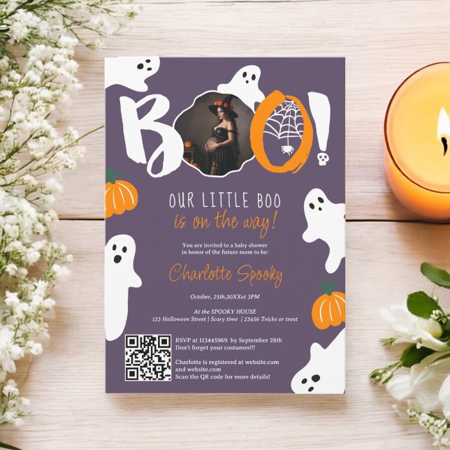 Convite Engraçado nosso chá de fraldas de fotos roxa fanta (Cute our little boo ghost purple photo baby shower invitation)