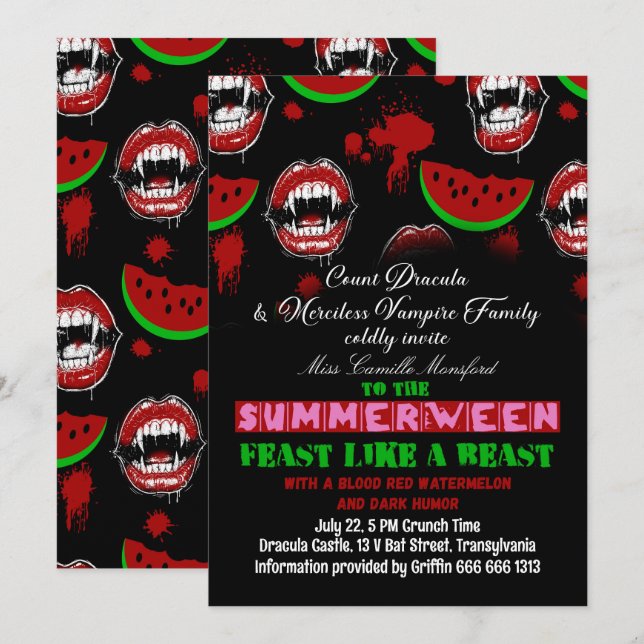 Convite engraçado para Festa de Vampiros do Summer (Frente/Verso)