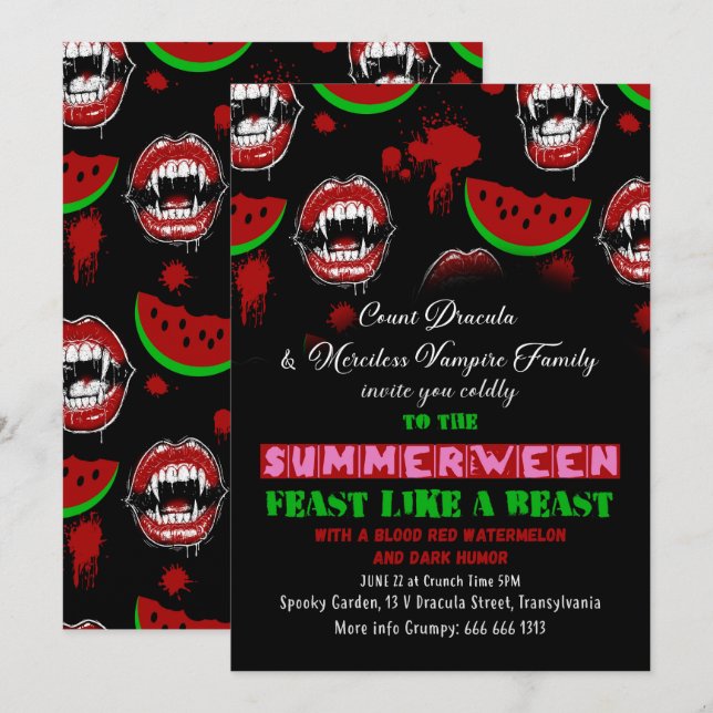 Convite engraçado para Festa de Vampiros no Summer (Frente/Verso)