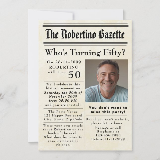 Convite Engraçado que está virando 50 jornais no 50º anive (Frente)