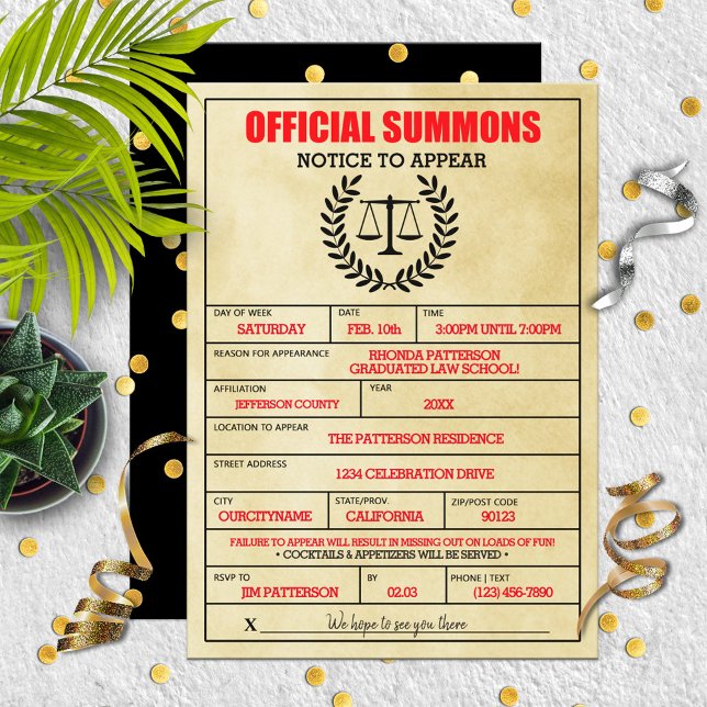 Convite Engraçado Subpoena Jurídica Festa de formatura da  (Criador carregado)