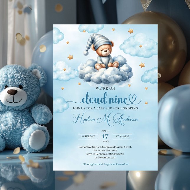 Convite Engraçado ursinho de pelúcia dormindo nuvem nove C (blue and gold we're on cloud nine boy baby shower invitation)