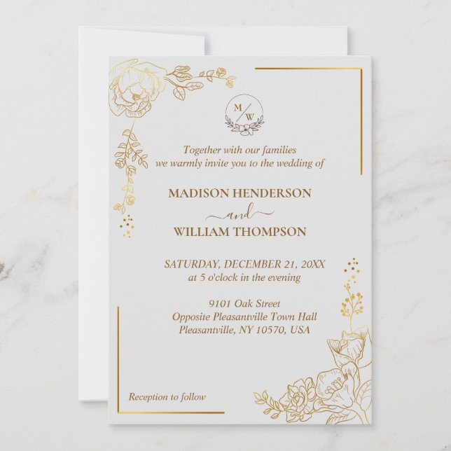Convite Engraving Golden Floral Wedding (Frente)