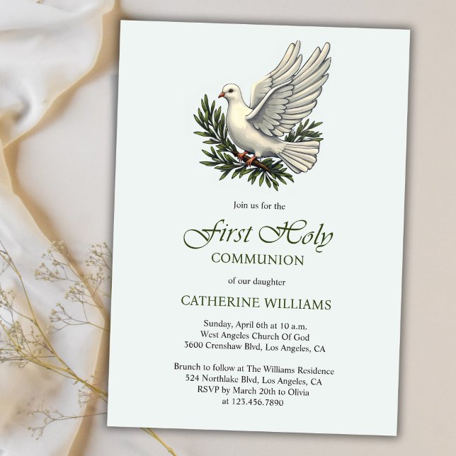 Convite Engrenagem Elegante e Branch de Oliva Primeira Com (Elegant Dove and Olive Branch First Holy Communion Invitation)