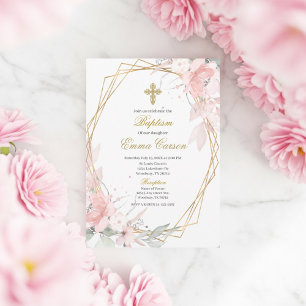 Convite Enquadramento dourado batismo floral rosa desmaiad