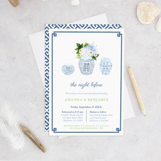 Convite Ensaio de Boas-vindas ao Janto Chinoiserie Chic (Blue And White Floral Chinoiserie Welcome Dinner Invitation)