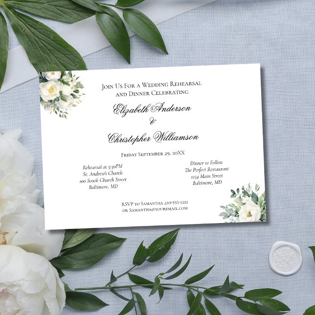 Convite Ensaio de Casamento Botânico de Rosa Branca Eucaly (White Rose Floral Eucalyptus Wedding Rehearsal Dinner Invitation)
