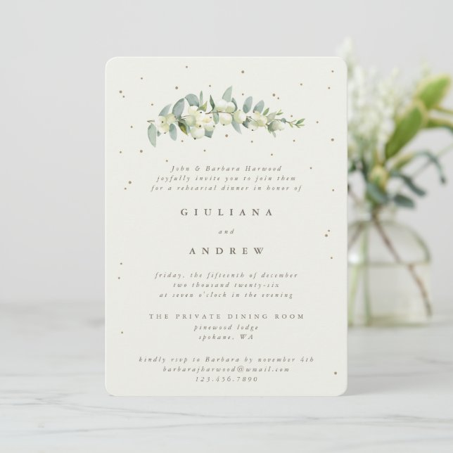 Convite Ensaio de Casamento Creme Snowberry+Eucalipto (Em pé/Frente)