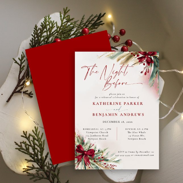 Convite Ensaio de Casamento de Arco de Natal do Winter Gre (winter christmas wedding rehearsal dinner invitation greenery botanical berries red green watercolor)