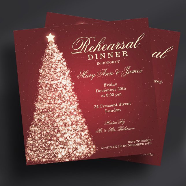 Convite Ensaio de Casamento de Natal Jantado Dourado Verme (Christmas Wedding Rehearsal Dinner Gold Red Invitation)
