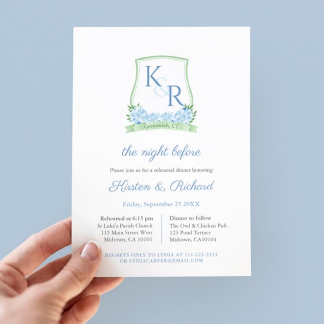 Convite Ensaio De Casamento De Peste Floral Elegante (Watercolor Green And Blue Monogram Crest Wedding Rehearsal Dinner invitation mockup)