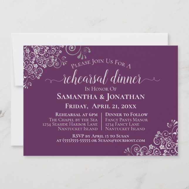 Convite Ensaio de Casamento e Jantar Roxo e Prata (Frente)