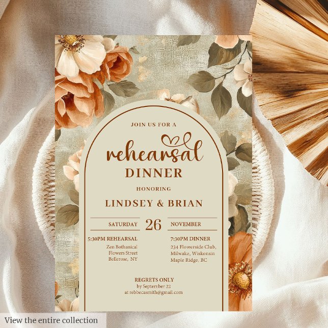 Convite Ensaio de Casamento Floral Bege Rústico Romântico  (Romantic Rusty Beige Olive Floral Wedding Rehearsal Invitation)