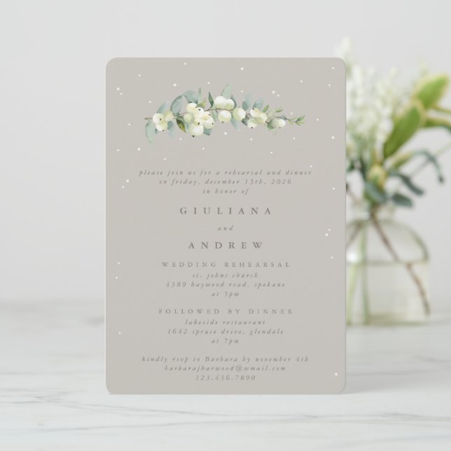 Convite Ensaio de Casamento Greige Snowberry+Eucalipto (Em pé/Frente)