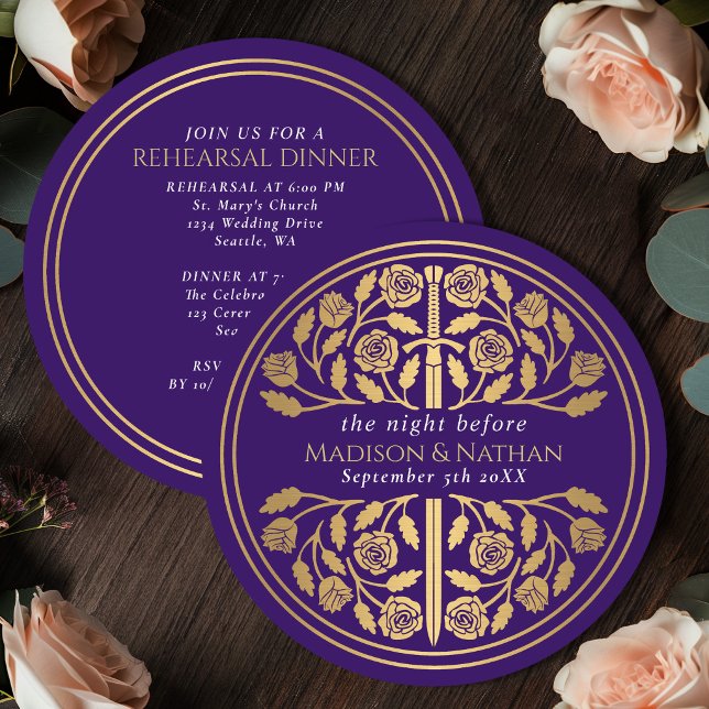 Convite Ensaio de Casamento Real com Espada de Ouro Roxo  (Criador carregado)